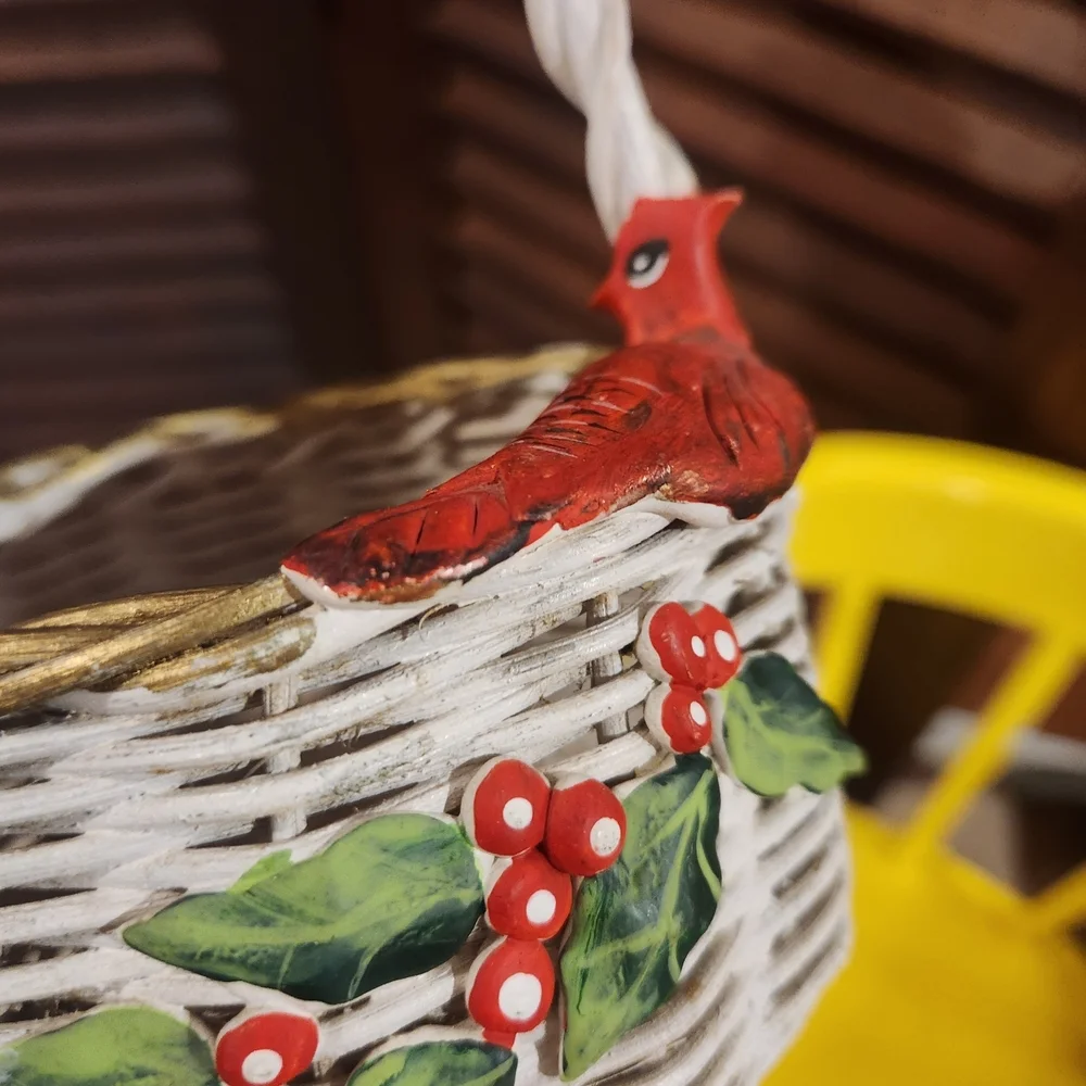 Vintage White Basket with Red Bird Accent